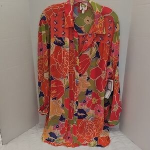 Fig and Flower Vibrant Floral Button-Down Shirt - Orange, Pink, Green